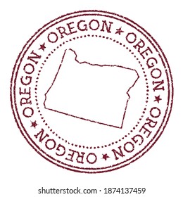 Oregon round rubber stamp with US state map. Vintage red passport stamp with circular text and stars, vector illustration...