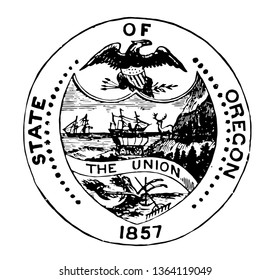 Oregon seal adopted in 1859 with motto" The Union" vintage line drawing.