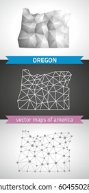 Oregon set of grey and silver mosaic 3d polygonal maps.  Graphic vector triangle geometry outline shadow perspective maps