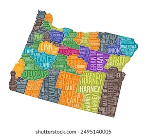 Oregon shape. State word cloud with county division. Oregon colored illustration. County names cloud. Vector illustration.