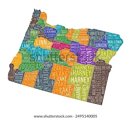 Oregon shape. State word cloud with county division. Oregon colored illustration. County names cloud. Vector illustration.