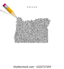 Oregon sketch scribble map isolated on white background. Hand drawn vector map of Oregon. Realistic 3D pencil with eraser.