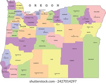 Oregon state administrative map with counties and seats. Clored. Vectored. Bright colors