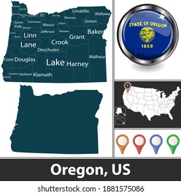 Oregon state with counties and location on American map. Vector image