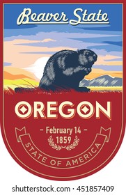 Oregon state emblem, beaver, sunrise on a red background