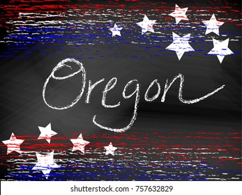 Oregon state headline written in chalkboard text with red white and blue patriotic chalk lines and stars. Hand written / drawn text, vector format. Useful for 4th of July or Memorial Day projects