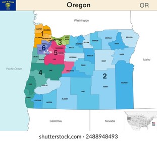 Oregon state map with counties borders and colored congressional districts boundaries due to The 2020 United States census and which is valid since 2023. Flag of Oregon. Vector