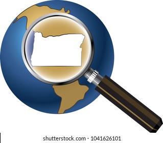 Oregon State Map Enlarged with Magnifying Glass on Globe