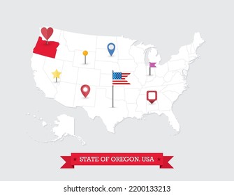 Mapa del estado de Oregon resaltado en el mapa de Estados Unidos. Mapa de Oregon en Estados Unidos de América con íconos de bandera y navegación.