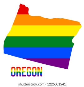 Oregon State Map in LGBT Rainbow Flag Comprised Six Stripes With Oregon LGBT Text. The Flag Comprised Six Stripes; Meaning to Each of The Colors: Life, Healing, Sunlight, Nature, Serenity and Spirit.
