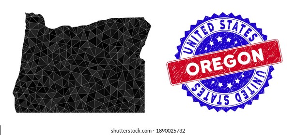 Oregon State map polygonal mesh with filled triangles, and distress bicolor stamp seal. Triangle mosaic Oregon State map with mesh vector model, triangles have randomized sizes, and positions,