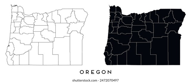 Oregon state map of regions districts vector black on white and outline