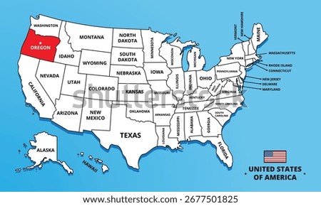 Oregon State, USA. Highlighted map on Oregon. Editable blank vector map of USA