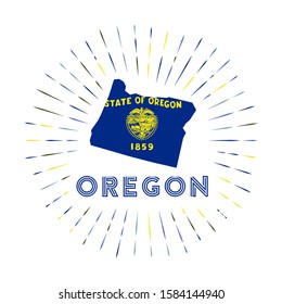 Oregon sunburst badge. The US state sign with map of Oregon with state flag. Colorful rays around the logo. Vector illustration.