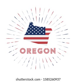 Oregon sunburst badge. The us state sign with map of Oregon with American flag. Colorful rays around the logo. Vector illustration.