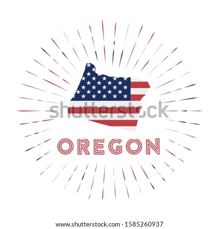 Oregon sunburst badge. The US state sign with map of Oregon with American flag. Colorful rays around the logo. Vector illustration.