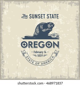 Oregon, The Sunset State, stylized emblem of the state of America, beaver, vintage