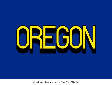 Texto de Oregón con elementos de diseño tipográfico amarillo y negro sobre fondo azul.