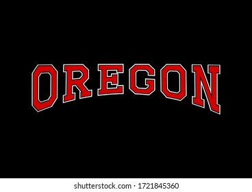 Oregon typography design elements with red and white colors on black background.