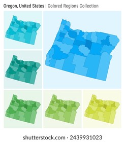 Oregon, Vereinigte Staaten. Kartensammlung. Status-Form. Farbige Landkreise. Hellblau, Cyan, Teal, Grün, Hellgrün, Lime-Farbpaletten. Die Grenze von Oregon zu den Countys. Vektorgrafik.