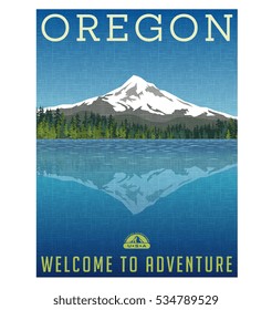 Oregon, United States travel poster or luggage sticker. Scenic illustration of Mt. Hood behind lake with reflection.