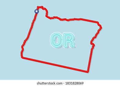 Oregon US state bold outline map. Glossy red border with soft shadow. Two letter state abbreviation. Vector illustration.