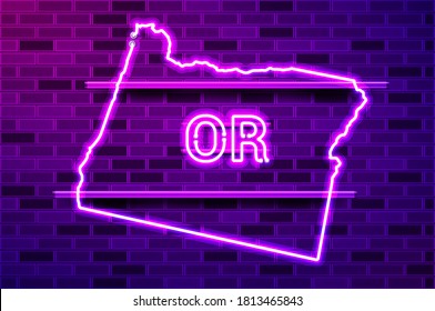 Oregon US state glowing neon lamp sign. Realistic vector illustration. Purple brick wall, violet glow, metal holders.