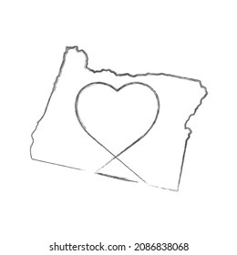 Oregon US state hand drawn pencil sketch outline map with heart shape. Continuous line drawing of patriotic home sign. A love for a small homeland. T-shirt print idea. Vector illustration.