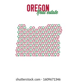 Oregon US state realty creative concept. Icons of houses with gardens in the shape of a map of Oregon. Vector illustration.