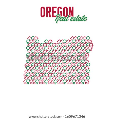 Oregon US state realty creative concept. Icons of houses with gardens in the shape of a map of Oregon. Vector illustration.