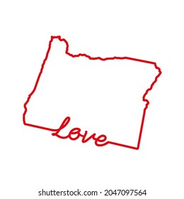 Mapa de esquema rojo del estado de Oregón con la palabra LOVE escrita a mano. Dibujo continuo de la línea del signo patriótico del hogar. Un amor por una pequeña patria. La idea de la decoración interior Ilustración vectorial.