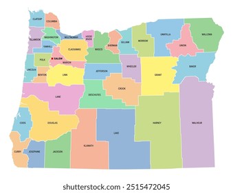 Oregon, estado dos EUA, subdividido em 36 condados, mapa político multicolorido com a capital Salem, fronteiras e nomes dos condados. Estado na região noroeste do Pacífico dos Estados Unidos. O Estado do Castor.