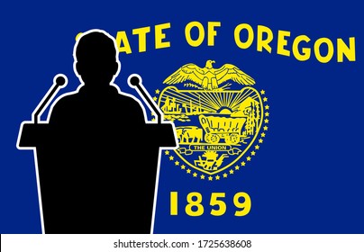 Oregon USA Flag Background Man spricht. Konzept der Konferenz zur Präsentation von Geschäftsleuten