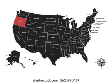 Oregon , USA, vector map isolated on United states map. Editable blank vector map of USA.