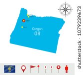 Oregon Vector Map Isolated on White Background. High Detailed Silhouette of Oregon State. Vector Flag of Oregon. 3D Map Markers or Pointers, Navigation Elements. Rose of Wind or Compass Icon