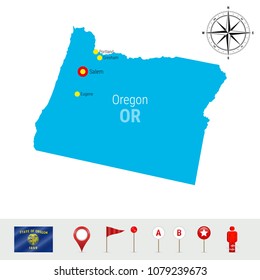 Oregon Vector Map Isolated on White Background. High Detailed Silhouette of Oregon State. Vector Flag of Oregon. 3D Map Markers or Pointers, Navigation Elements. Rose of Wind or Compass Icon