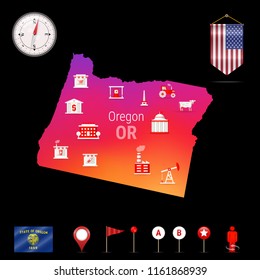 Oregon Vector Map, Night View. Compass Icon, Map Navigation Elements. Pennant Flag of the United States. Vector Flag of Oregon. Various Industries, Economic Geography Icons.