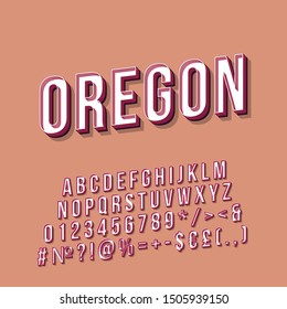 Oregon vintage 3d vector lettering. Retro bold font, typeface. Pop art stylized text. Old school style letter, numbers, symbols pack. 90s, 80s poster typography design. Beige color background
