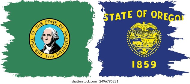 Oregon and Washington states grunge brush flags connection, vector