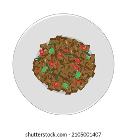 Orek tempe vector on the top view, indonesian side dish food made from soy bean cake tempe, chili, petai bean