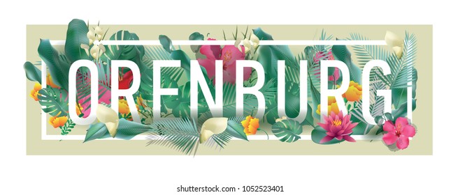 Orenburg City Typographic Floral Framed Vector Card Design