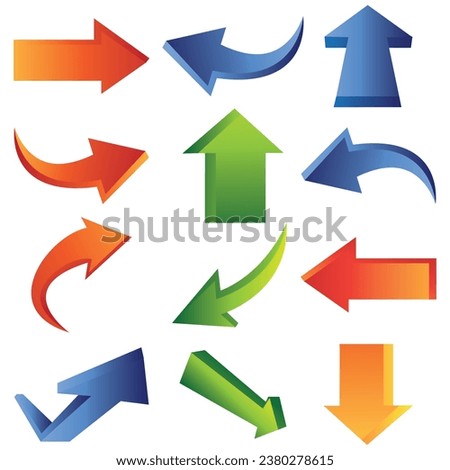 Orenge, blue, green 3d arrows of various shapes set. Realistic arrow twisted in various directions. Infographic object a pointer sign