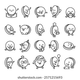 Oreo cookie set with cute emotions and actions of kawaii cartoon characters including smile, sleep, greeting, drinking, celebrating, romantic, magic poses for design illustrations