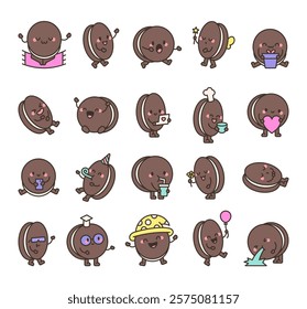 Oreo cookie set with cute emotions and actions of kawaii cartoon characters including smile, sleep, greeting, drinking, celebrating, romantic, magic poses for design illustrations