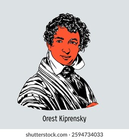 Orest Kiprensky — Russian painter and graphic artist, representative of St. Petersburg academicism, one of the most famous portraitists of the romantic era. Vector illustration, hand drawn