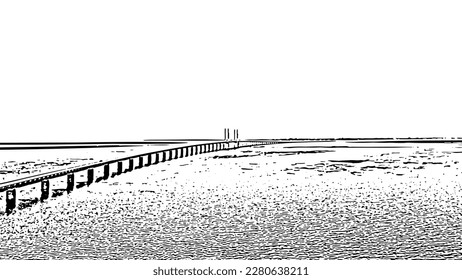 Oresund bridge. A long tunnel bridge with an artificial island between Sweden and Denmark. Doodle sketch style. Aerial view