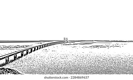 Oresund bridge. A long tunnel bridge with an artificial island between Sweden and Denmark. Doodle sketch style. Aerial view