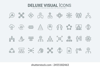 Org chart with director and team of employees, workforce thin black and red outline symbols, vector illustration. Structure and hierarchy of corporate company, department organization line icons set