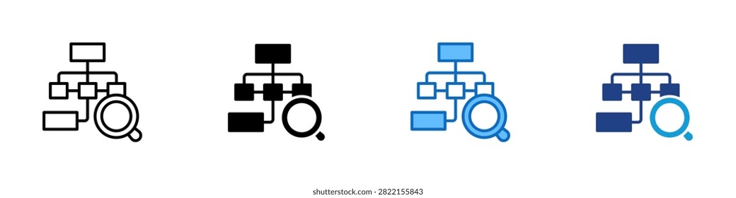 Org Chart Search Multiple Style Icon Design Vector - Hierarchy diagram with magnifying glass representing organizational structure analysis, business process audit, and workflow hierarchy search
