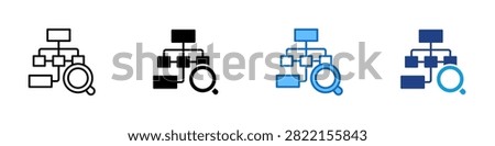 Org Chart Search Multiple Style Icon Design Vector - Hierarchy diagram with magnifying glass representing organizational structure analysis, business process audit, and workflow hierarchy search